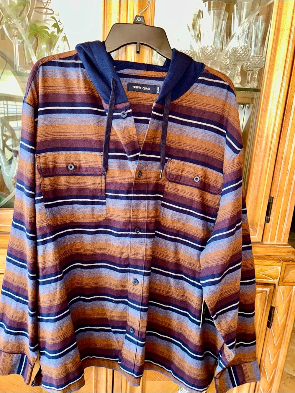 Trinity Striped Hooded Button-Up Shirt Jacket - Navy & Brown